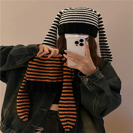 Striped Bunny Ear Knit Beanie